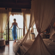 Woman Leaning on Handrail in Room