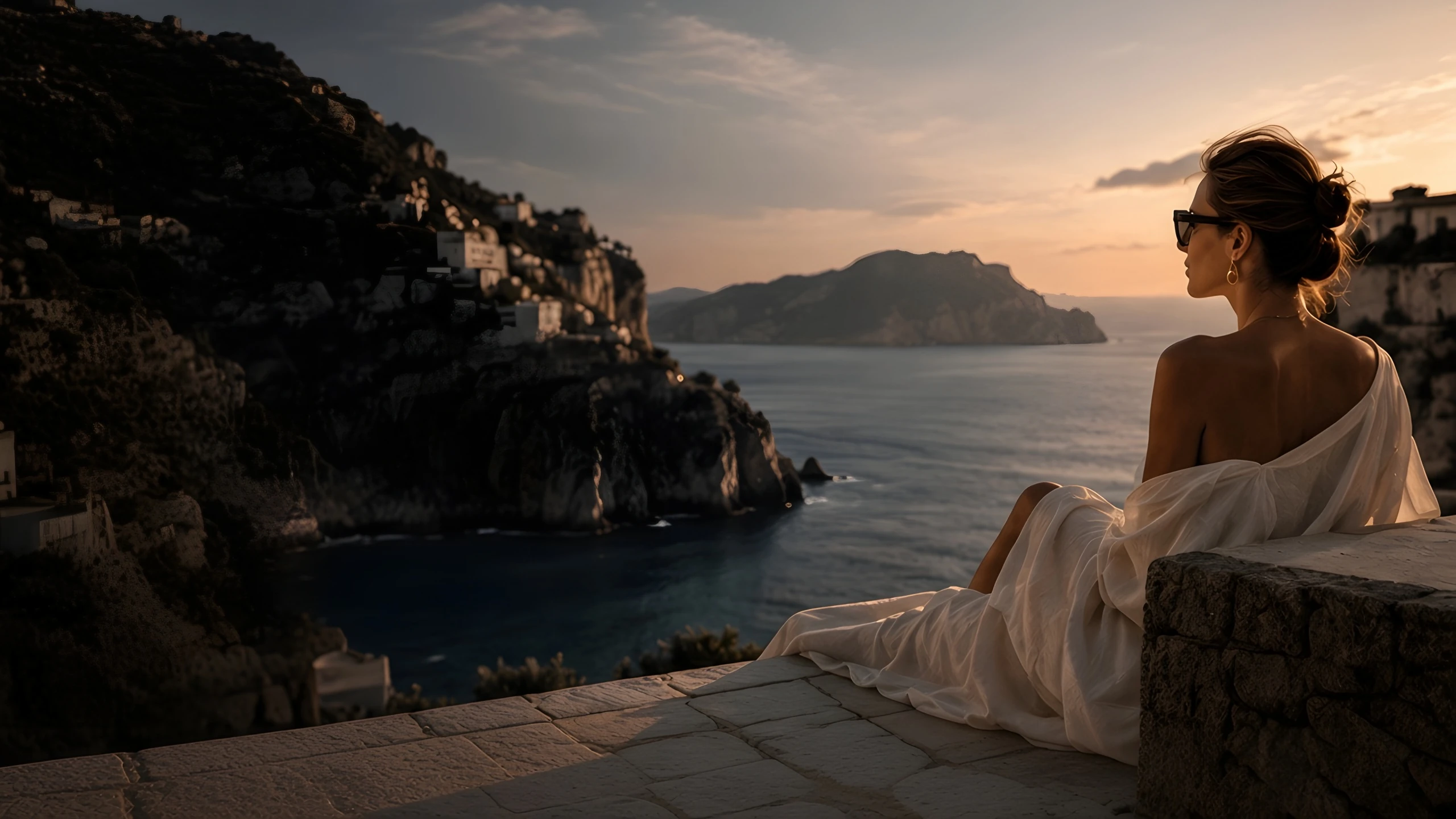 Woman in a draped ivory dress resting on a stone terrace above a Mediterranean cove at sunset