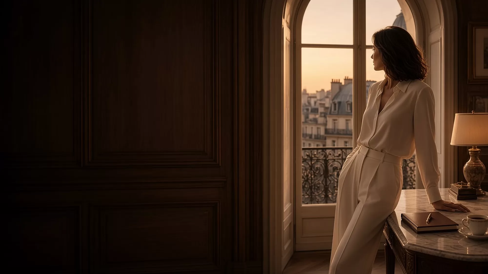 Woman in an ivory silk blouse at the tall window of a wood-panelled Paris study at sunset