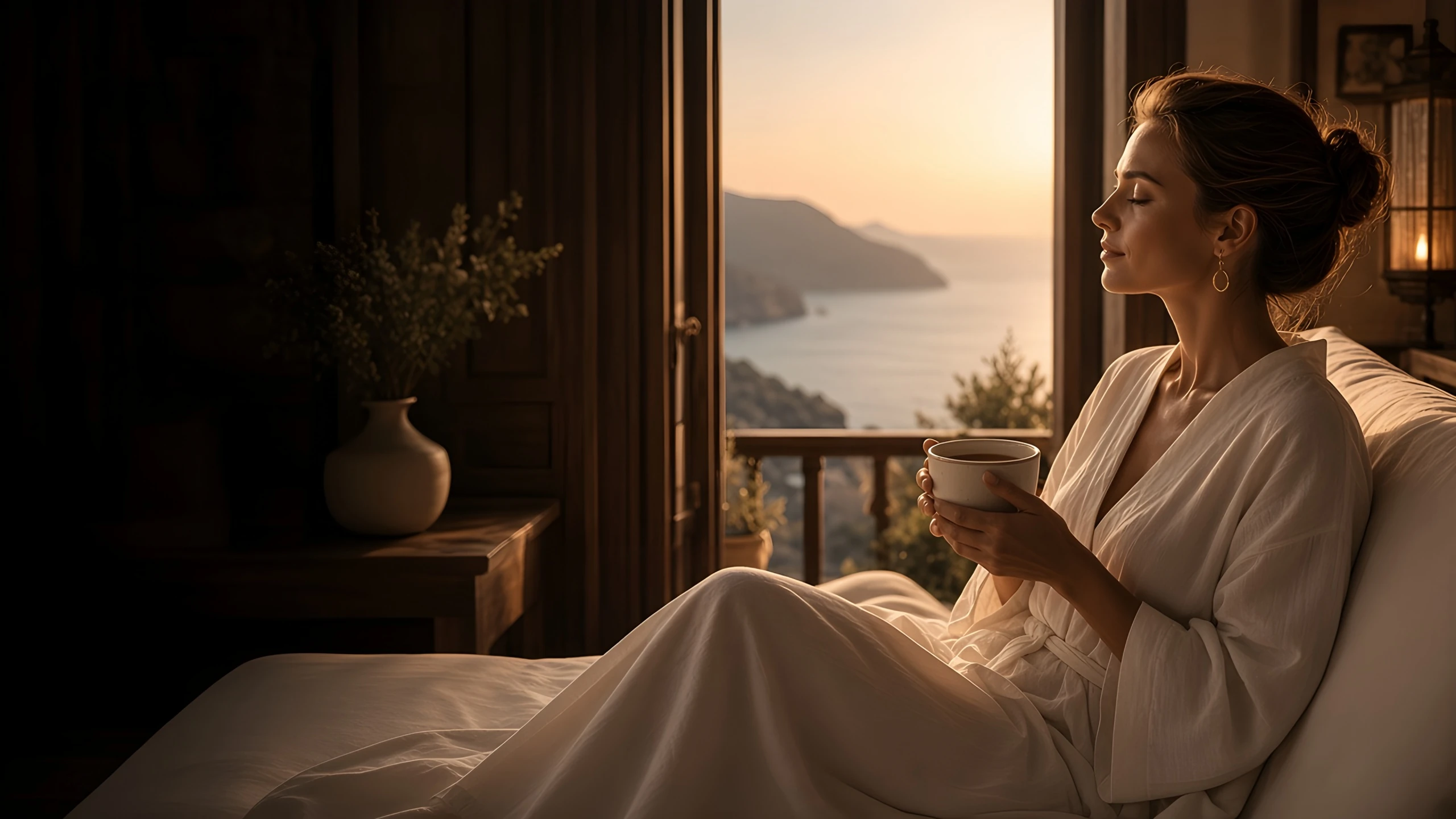 Woman in a linen robe with a cup of tea by an open window over the sea at sunrise