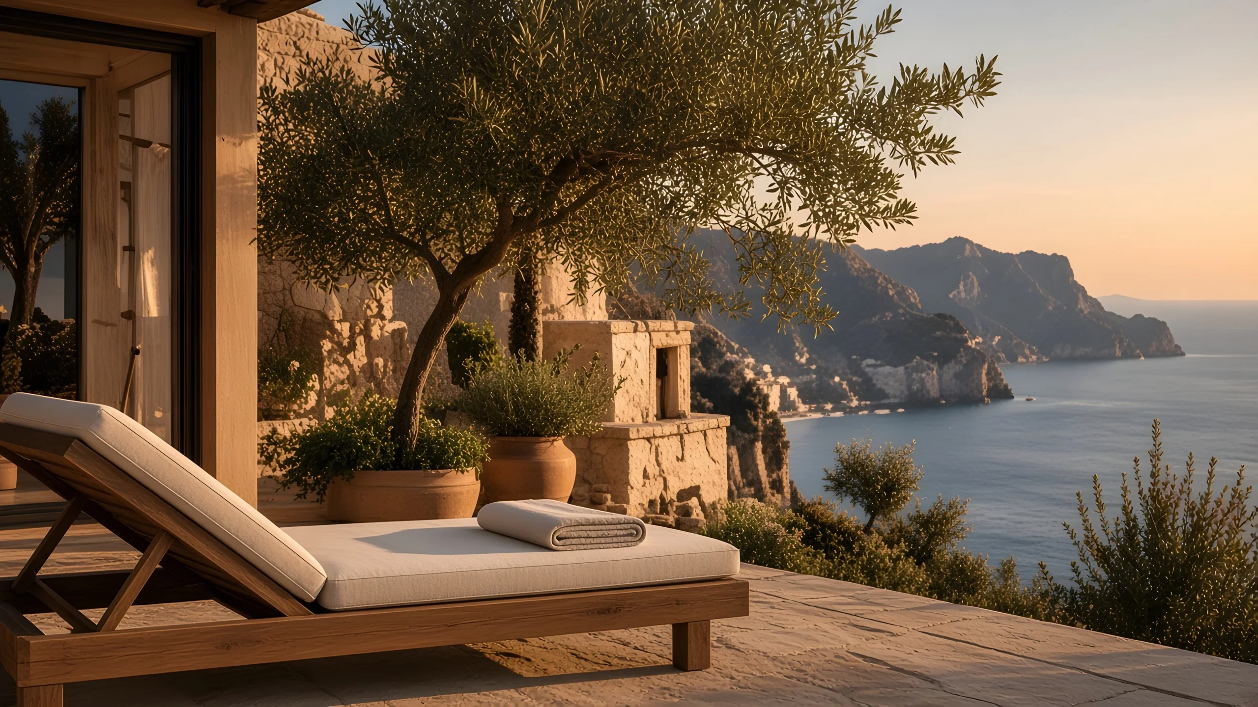 Teak sun lounger under an olive tree on a cliffside terrace above the sea at sunset
