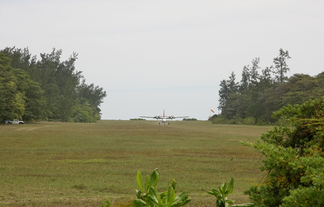 Aircraft on the grass airstrip at Denis Island.