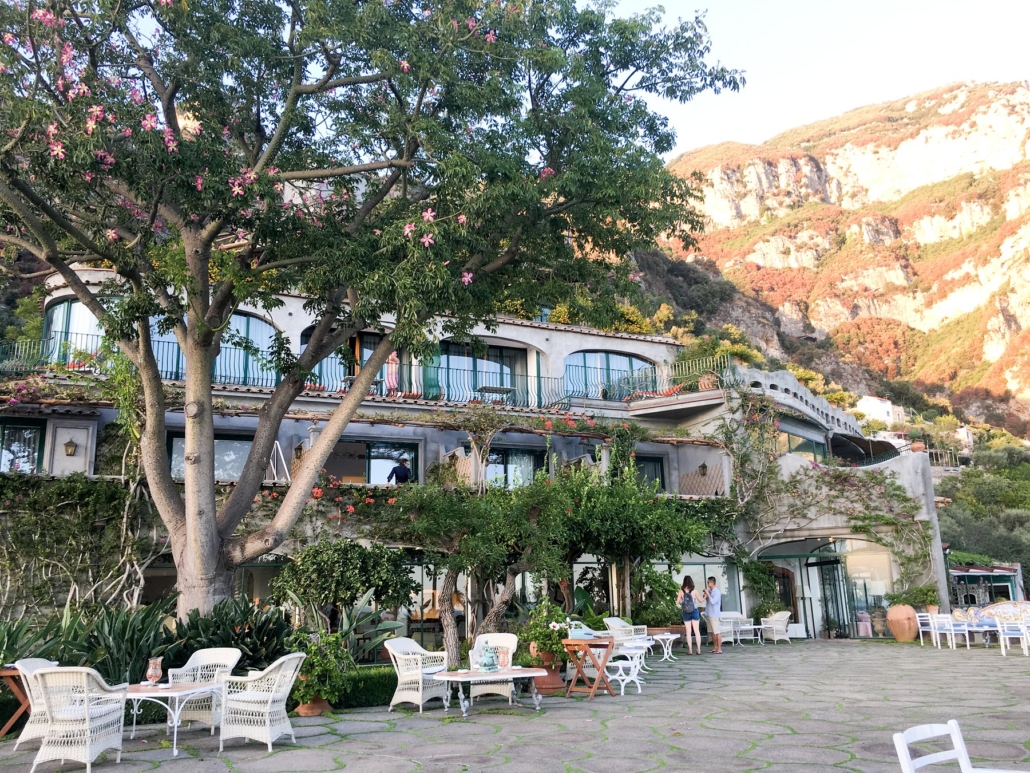 A dining terrace at Il San Pietro looking out over the Gulf of Salerno.
