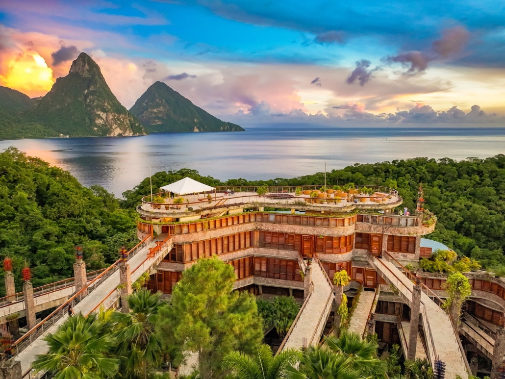 An aerial view of Jade Mountain on the hillside above the Caribbean.