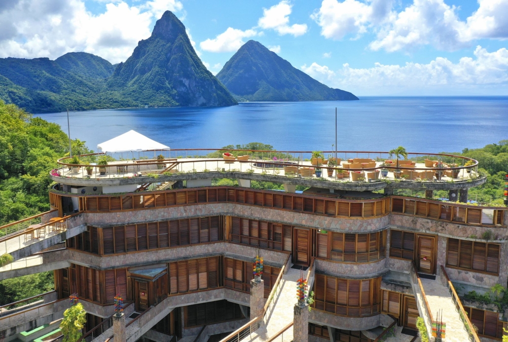 Jade Mountain's stone facade and its open-walled sanctuaries.