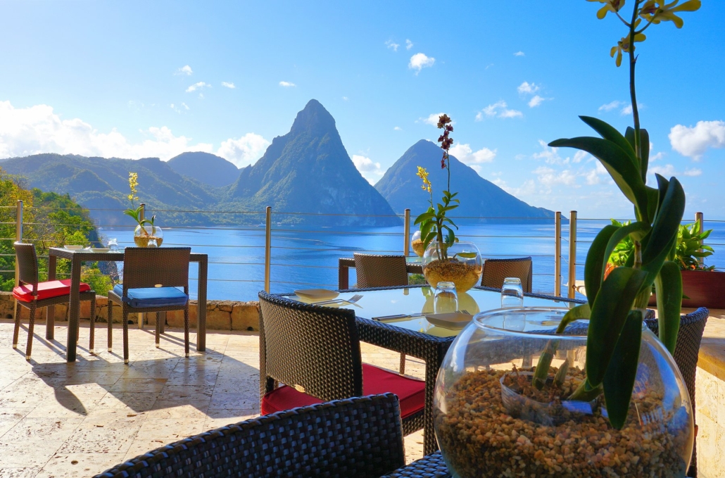 The restaurant terrace at Jade Mountain.