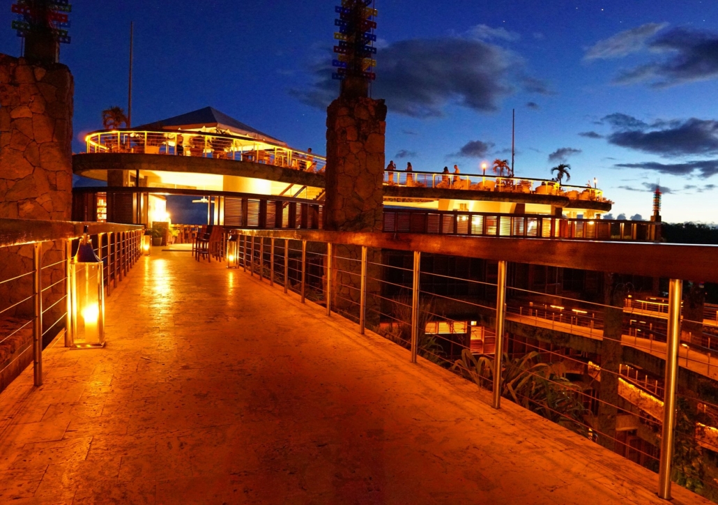 The bridges linking the sanctuaries, lit at night.