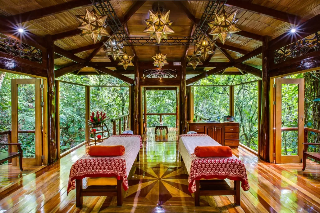 An open-sided treatment room at the Nayara Springs spa.
