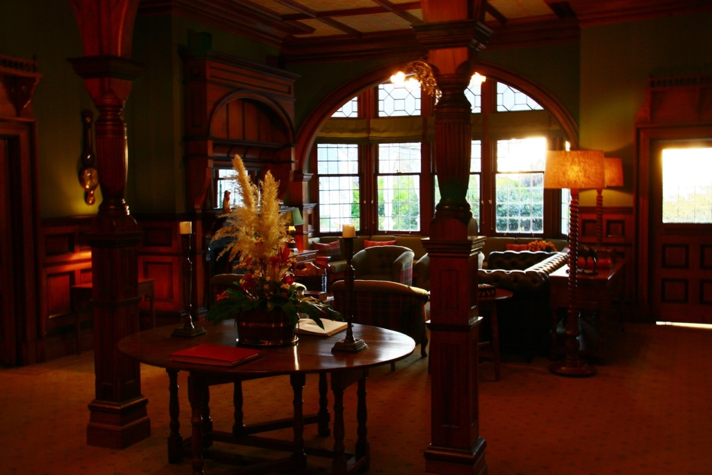 The panelled entrance hall at Otahuna Lodge.