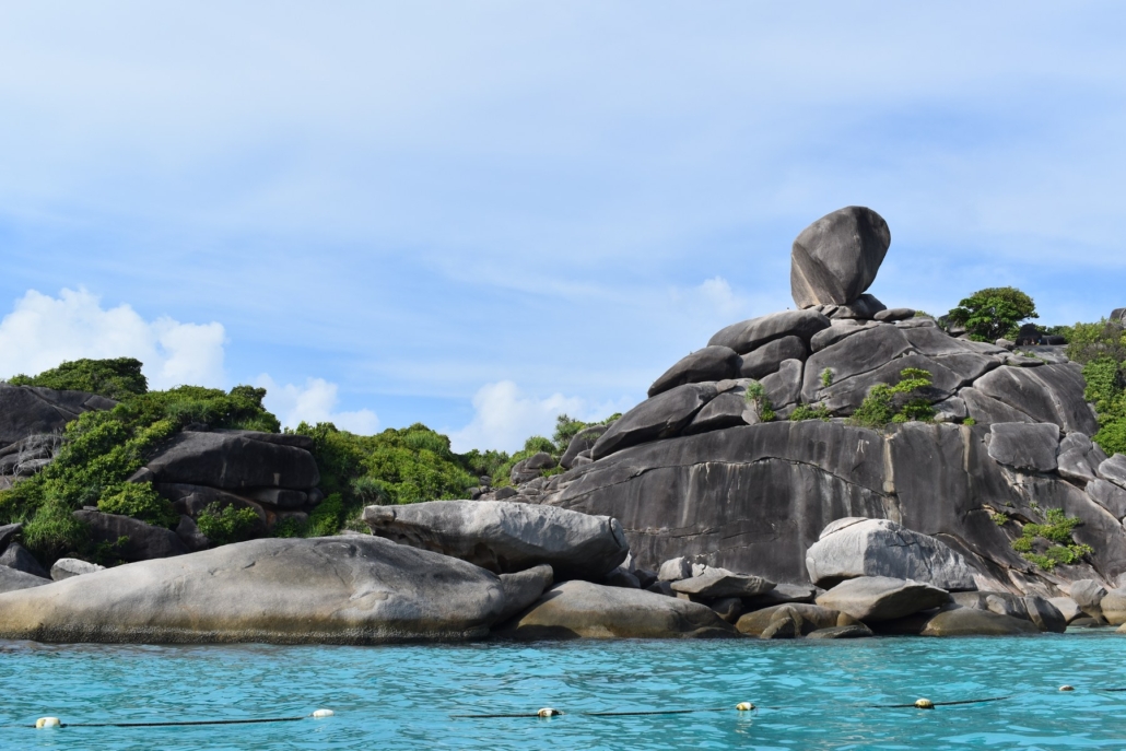 Donald Duck Bay’s famous balancing boulder in the Similan Islands.